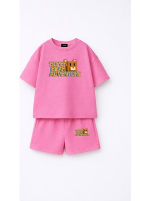 Fasardi Super Bear Adventure Süper Ayı Baskılı Oversize %100 Pamuk Tişört Şort 2li Çocuk Takım