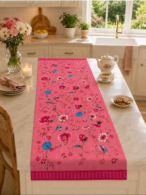 Karam Home Pembe Çiçek Desenli Masa Runnerı 140X50 cm Dekoratif Dijital Baskılı Runner