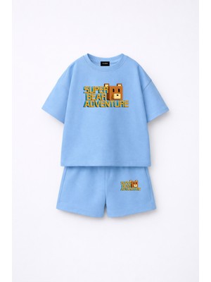 Fasardi Super Bear Adventure Süper Ayı Baskılı Oversize %100 Pamuk Tişört Şort 2li Çocuk Takım