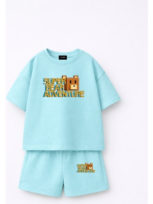 Fasardi Super Bear Adventure Süper Ayı Baskılı Oversize %100 Pamuk Tişört Şort 2li Çocuk Takım