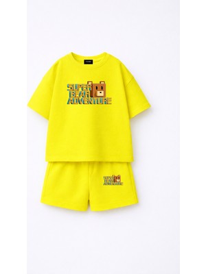 Fasardi Super Bear Adventure Süper Ayı Baskılı Oversize %100 Pamuk Tişört Şort 2li Çocuk Takım
