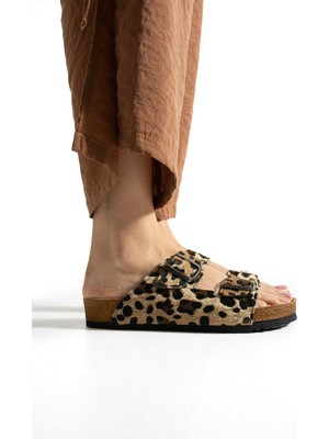 Pantofole 1004 Leopar Desenli Ortopedik Çift Bantlı Tokalı Rahat Günlük Kadın Terlik