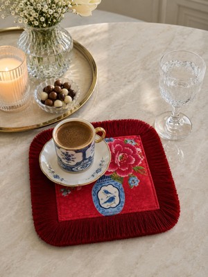 Karam Home Bordo Çiçekli Püsküllü Kahve Yanı Sunumluğu