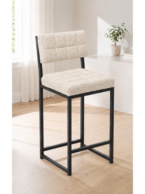 Valu Home Modern Bar Sandalyesi Siyah Metal Ayaklı Krem Keten Oturum Yüzeyi 1 Parça