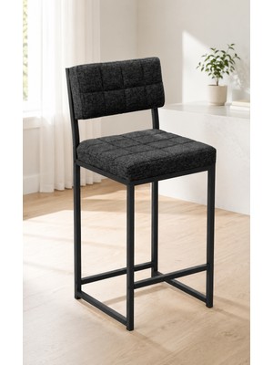 Valu Home Modern Bar Sandalyesi Siyah Metal Ayaklı Keten Oturum Yüzeyi