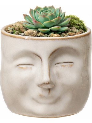Warm Design Yüz Figürlü Mini Saksı Seramik Bej Krem Dekoratif Iskandinav Masa Üstü Sukulent Saksısı 8 cm