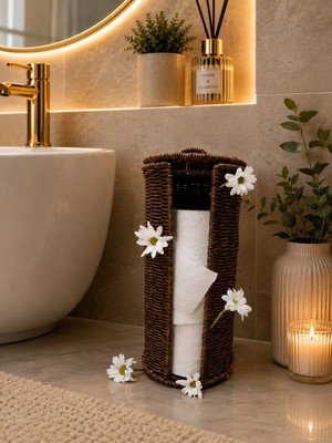 Roxart Rattan Örme  Wc Tuvalet Kağıtlık Saklama Sepeti Kapaklı  Ferforje Rattan