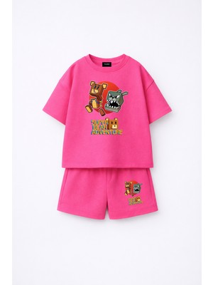 Fasardi Super Bear Adventure Süper Ayı Baskılı Oversize %100 Pamuk Tişört Şort 2li Çocuk Takım