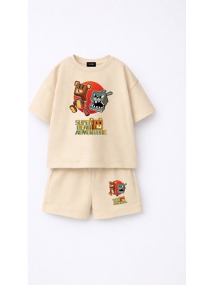 Fasardi Super Bear Adventure Süper Ayı Baskılı Oversize %100 Pamuk Tişört Şort 2li Çocuk Takım