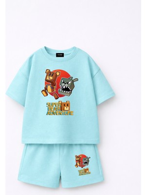 Fasardi Super Bear Adventure Süper Ayı Baskılı Oversize %100 Pamuk Tişört Şort 2li Çocuk Takım