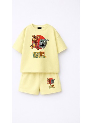 Fasardi Super Bear Adventure Süper Ayı Baskılı Oversize %100 Pamuk Tişört Şort 2li Çocuk Takım