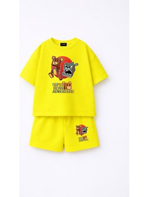 Fasardi Super Bear Adventure Süper Ayı Baskılı Oversize %100 Pamuk Tişört Şort 2li Çocuk Takım