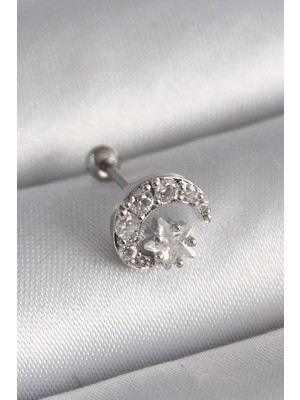 Hsc Bilişim 316L Çelik Gümüş Renk Zirkon Taşlı Ay Yıldız Tragus Piercing