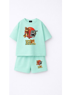 Fasardi Super Bear Adventure Süper Ayı Baskılı Oversize %100 Pamuk Tişört Şort 2li Çocuk Takım