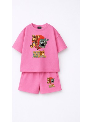 Fasardi Super Bear Adventure Süper Ayı Baskılı Oversize %100 Pamuk Tişört Şort 2li Çocuk Takım