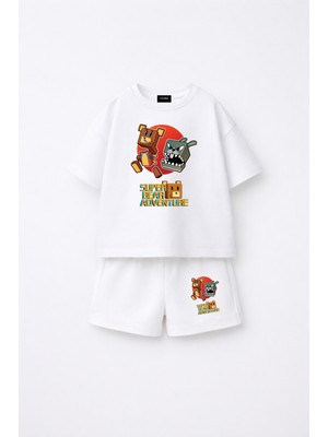 Fasardi Super Bear Adventure Süper Ayı Baskılı Oversize %100 Pamuk Tişört Şort 2li Çocuk Takım