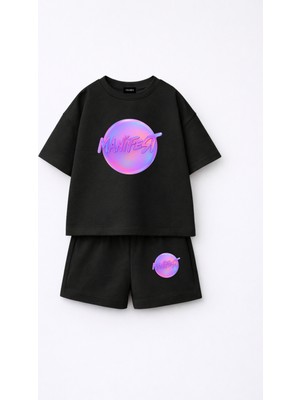Fasardi Manifest Girls Logo Baskılı Oversize %100 Pamuk Tişört Şort 2li Çocuk Takım
