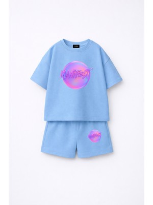 Fasardi Manifest Girls Logo Baskılı Oversize %100 Pamuk Tişört Şort 2li Çocuk Takım