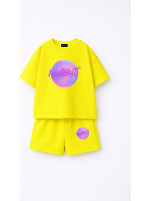 Fasardi Manifest Girls Logo Baskılı Oversize %100 Pamuk Tişört Şort 2li Çocuk Takım