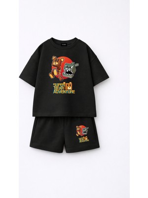 Fasardi Super Bear Adventure Süper Ayı Baskılı Oversize %100 Pamuk Tişört Şort 2li Çocuk Takım