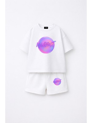 Fasardi Manifest Girls Logo Baskılı Oversize %100 Pamuk Tişört Şort 2li Çocuk Takım