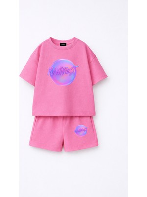 Fasardi Manifest Girls Logo Baskılı Oversize %100 Pamuk Tişört Şort 2li Çocuk Takım