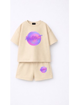 Fasardi Manifest Girls Logo Baskılı Oversize %100 Pamuk Tişört Şort 2li Çocuk Takım