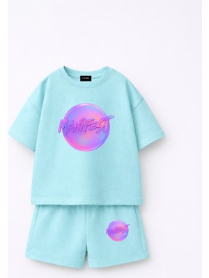 Fasardi Manifest Girls Logo Baskılı Oversize %100 Pamuk Tişört Şort 2li Çocuk Takım