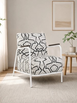 Azra Mobilya Atlas Model Berjer Antrasit Geometrik Desenli Soft Kumaş Tekli Koltuk Beyaz Metal Iskelet Kurulu Gönderim