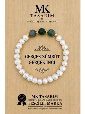 MK Tasarım Gerçek Inci Gerçek Zümrüt Bileklik MK.7000.827- Rahatlık-Dinginlik-Enerji- Stres Bilekliği
