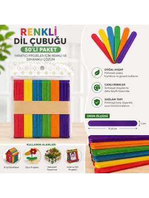 Popüler Sepet 50’li Renkli Dil Çubuğu Ahşap Hobi Çubuğu | El Işi Okul Proje ve Dıy Etkinlik Çubukları