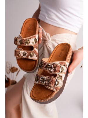 Guja Kadın Camel Taşlı Mantar Taban Comfort Terlik