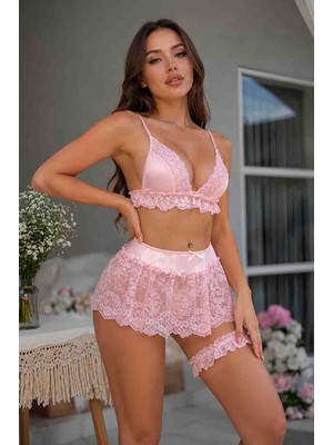 Pembe Dantelli Saten Etekli Jartiyerli Fantezi Iç Giyim Takımı