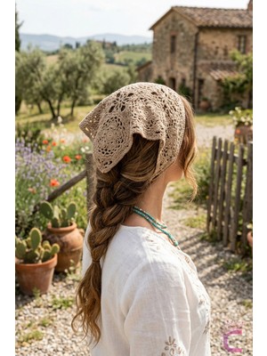 Cinderella Yazlık Bohem Dairesel Çiçek Motifli Örgü Saç Bandanası Bej - Crochet Delikli File Örme Üçgen Bandana
