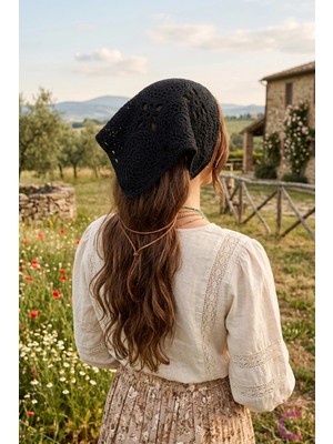 Cinderella Siyah Vintage Dairesel Çiçek Motifli Örme Üçgen Bandana - Yazlık El Örgüsü Crochet Saç Bandanası