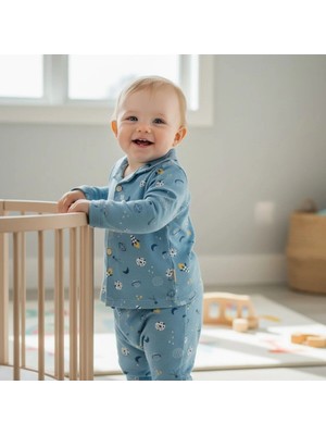 Mou&kou %100 Pamuk Penye Erkek Bebek Pijama Takımı – Önden Çıtçıtlı Uzun Kollu Mevsimlik