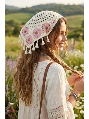 Cinderella Retro Bohem Tarz Gül Kurusu Papatya Püsküllü Crochet Bandana - El Örgüsü Örme Üçgen Saç Bandanası