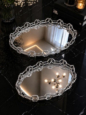 Şahane Home 2 Li Oval Zincir Tepsi-Gümüş