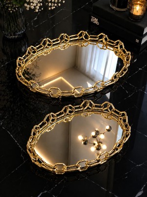 Şahane Home 2 Li Oval Zincir Tepsi-Gold