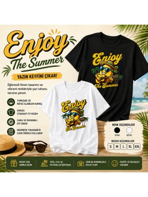 Tişört Kodu Enjoy The Summer Unisex Tişört – Yaz Temalı Eğlenceli Limon Tasarım Baskılı Tişört