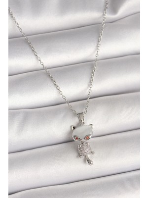 Uravas Store 316L Çelik Gümüş Renk Zincir Zirkon Taşlı Kedi Model Kadın Kolye