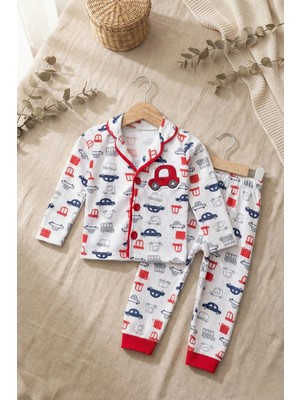 Babydonat Araba Nakışlı % 100 Pamuk Yakalı Erkek Çocuk Pijama Takımı 1-6 Yaş