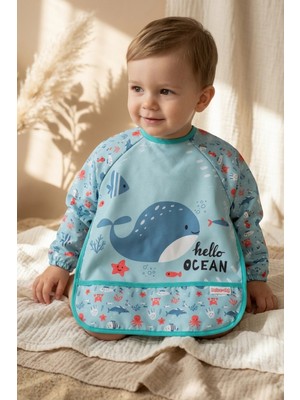 Babydonat Marino Ocean Leke Tutmaz Sıvı Geçirmez Uzun Kollu Bebek Mama Önlüğü - Mavi Balina Desenli Blw ve Faaliyet Önlüğü 6-24 Ay