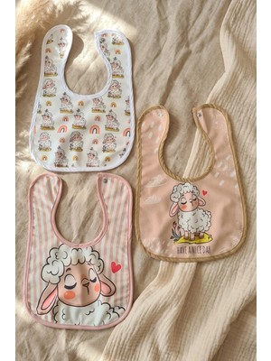 Babydonat Lumi Lamb 3'lü Bebek Mama Önlüğü Seti - %100 Pamuklu, Yumuşak Dokulu, Sıvı Emici Çıtçıtlı Bebek Önlüğü - Bej ve Gül Kurusu
