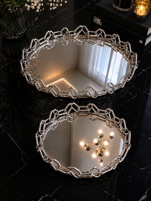 Şahane Home 2 Li Yuvarlak Zincir Tepsi-Gümüş