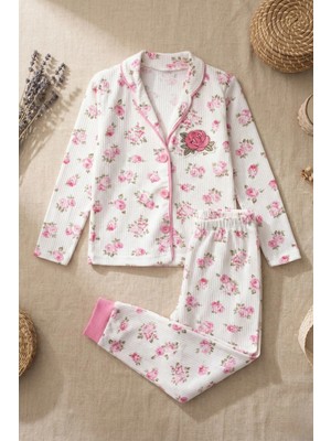 Babydonat Gül Nakışlı % 100 Pamuk Kız Çocuk Pijama Takımı