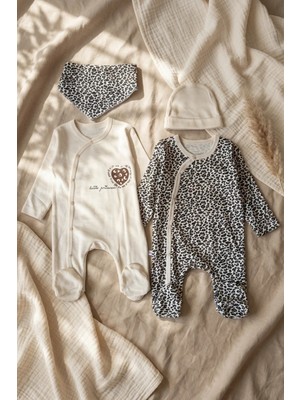 Babydonat Leopar Desenli % 100 Pamuklu Kız Bebek 4'lü Tulum Seti 0-6 Ay