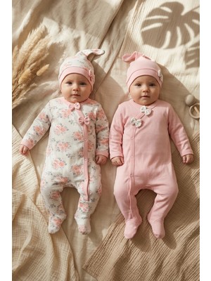 Babydonat Çiçek Desenli % 100 Pamuk Kız Bebek 4'lü Tulum Takımı