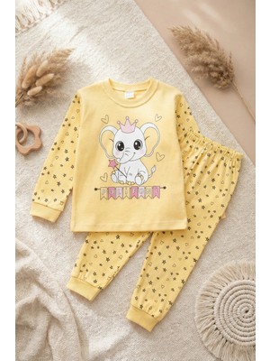 Babydonat Taçlı Fil Desenli % 100 Pamuk Kız Çocuk Pijama Takımı