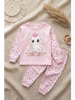 Babydonat Taçlı Fil Desenli % 100 Pamuk Kız Çocuk Pijama Takımı